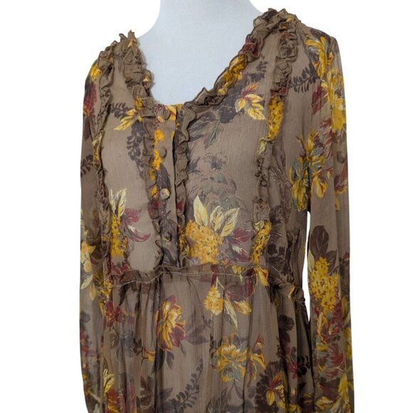Laura Ashley Floral Sheer Midi Dress Womens Size Large Brown Ruffle Tiered - Picture 2 of 8